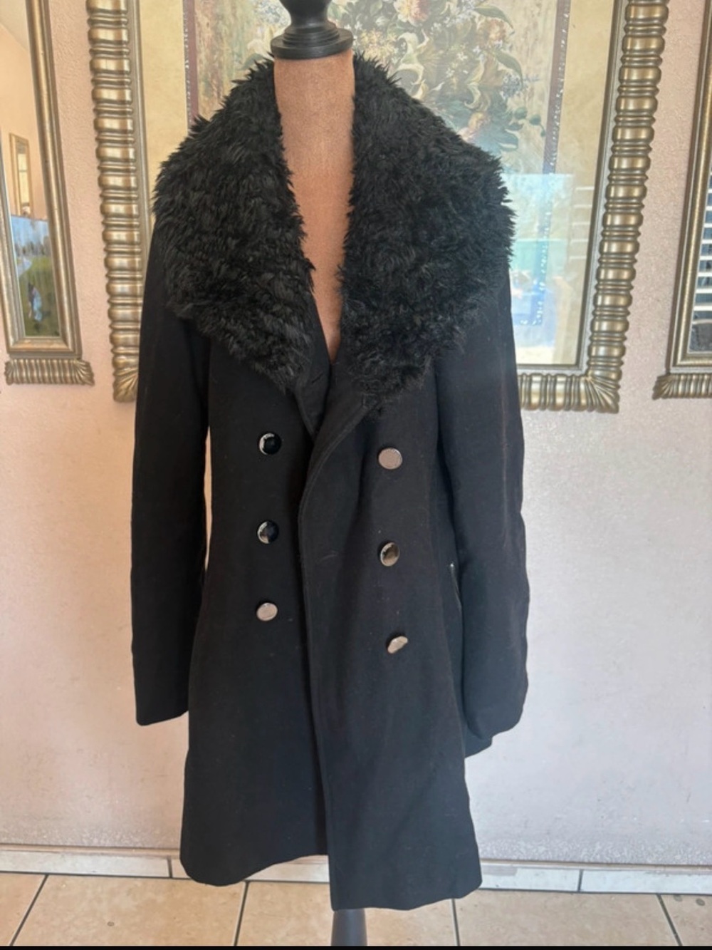 Guess Black Coat with Faux Fur Collar